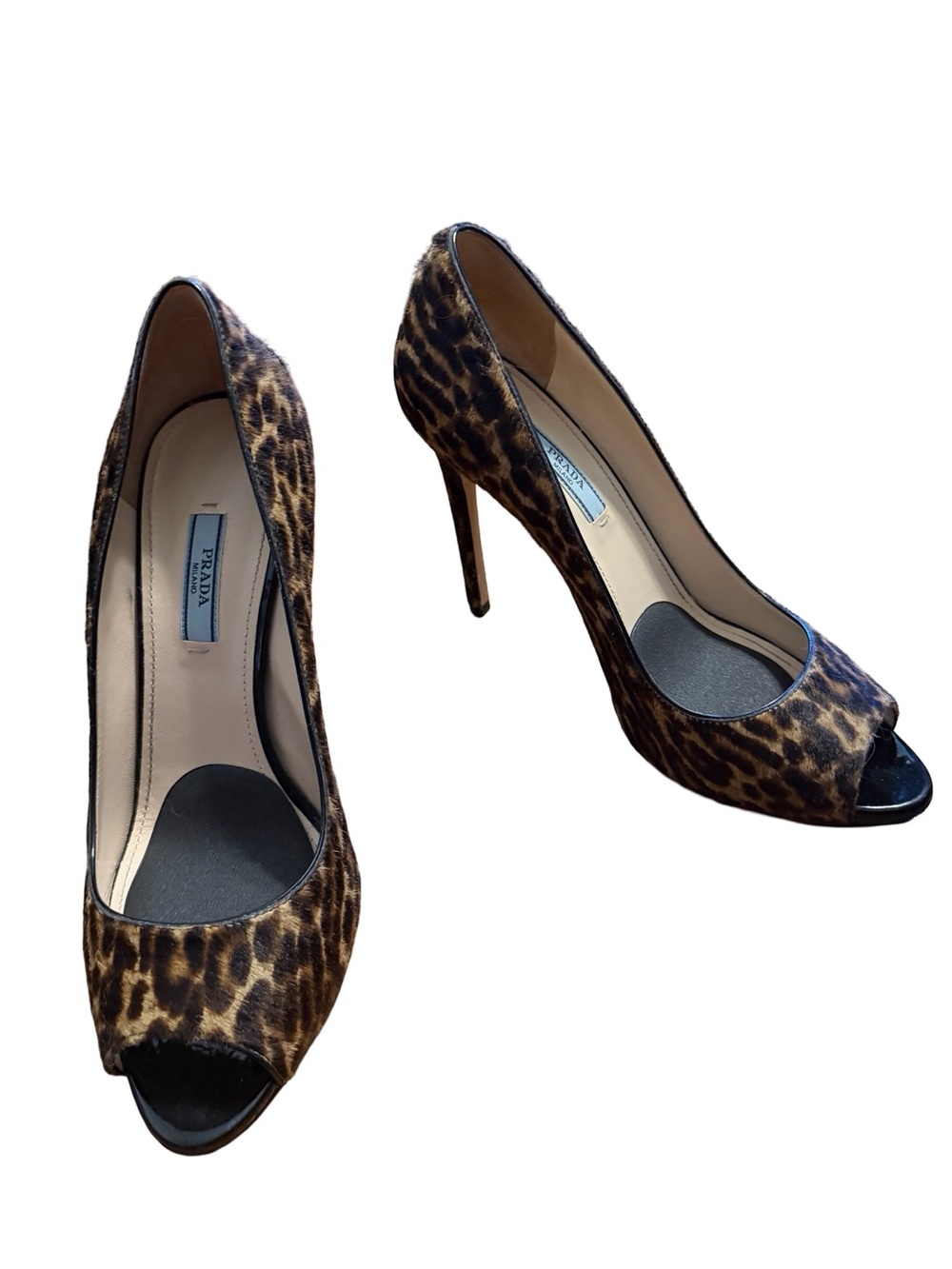 Prada Leopard-Print Peep-Toe Stiletto Heels - Black & Brown